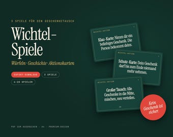 印刷可能なシークレットサンタゲーム｜3つのゲーム：サイコロ、左右ストーリー、アクションカード｜ホワイトエレファントギフト交換＆クリスマスパーティー