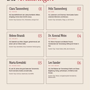 May include: A printed document titled Die Verd&auml;chtigen featuring a list of six suspects for a murder mystery game. Each entry includes a name, age, role, and costume tips, organised in numbered boxes from 01 to 06 on a light beige background.