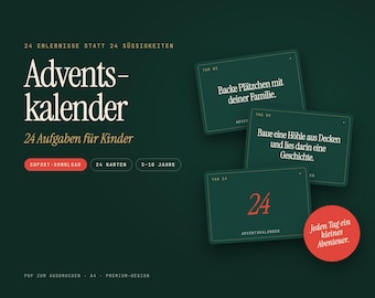 Actividades imprimibles para el calendario de Adviento infantil | Calendarios de Adviento de 24 tarjetas con aventuras | Ideas sin dulces | PDF