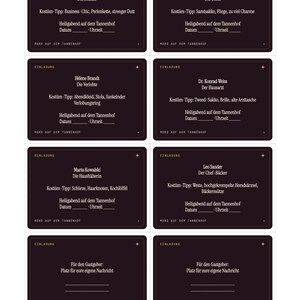 May include: A set of eight rectangular black invitation cards with gold text and borders. Each card features character names, roles, costume tips, and blank lines for date and time for a murder mystery dinner party titled Mord auf dem Tannenhof.