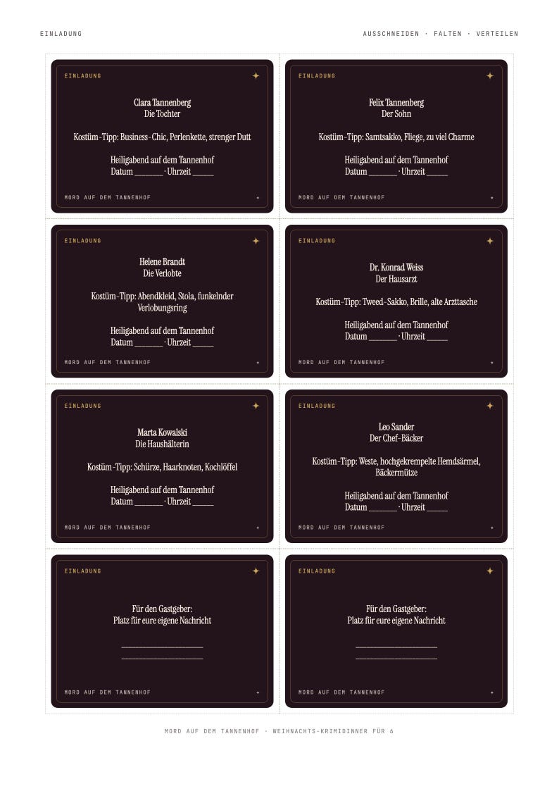 May include: A set of eight rectangular black invitation cards with gold text and borders. Each card features character names, roles, costume tips, and blank lines for date and time for a murder mystery dinner party titled Mord auf dem Tannenhof.