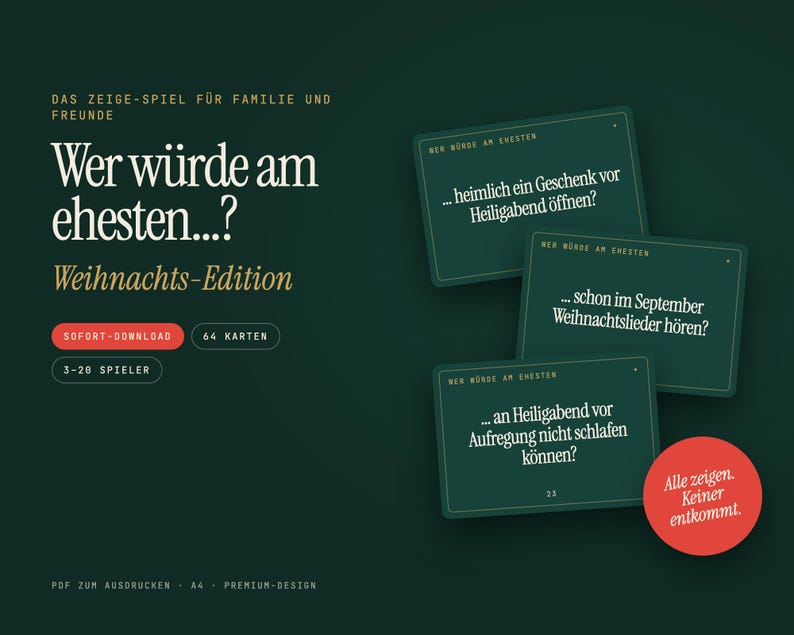 Wer würde am ehesten Weihnachten | 64 Karten zum Ausdrucken | Partyspiel für Familie & Freunde | Weihnachtsspiel PDF Bild 1