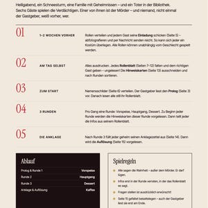 May include: A printed instruction sheet for a murder mystery dinner game titled Willkommen auf dem Tannenhof. The document outlines five steps for hosting, including role distribution, printing, and game flow, with a section for rules and a schedule.