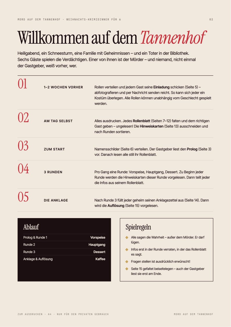 May include: A printed instruction sheet for a murder mystery dinner game titled Willkommen auf dem Tannenhof. The document outlines five steps for hosting, including role distribution, printing, and game flow, with a section for rules and a schedule.
