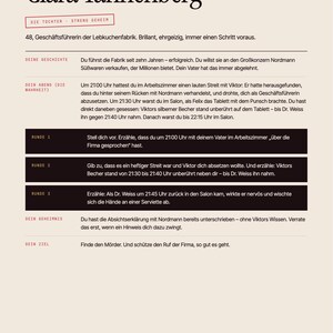 May include: A game character profile card for Clara Tannenberg, featuring black text on a light beige background. The document includes sections for history, evening events, three rounds of instructions, a secret, and a goal for the player.
