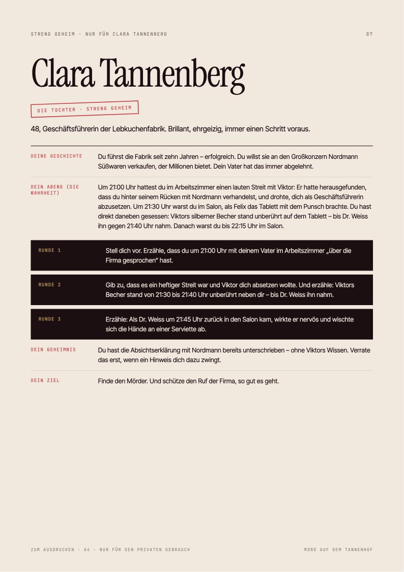 May include: A game character profile card for Clara Tannenberg, featuring black text on a light beige background. The document includes sections for history, evening events, three rounds of instructions, a secret, and a goal for the player.