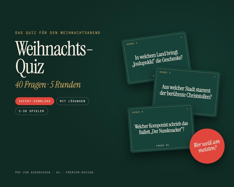 Christmas Trivia Game Printable | 40 Christmas Quiz Questions with Answers | Family Holiday Party Game | Office Party Quiz image 1