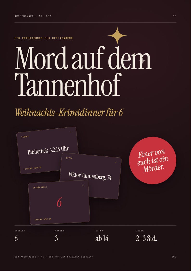 May include: A dark brown murder mystery game titled Mord auf dem Tannenhof for six players. The set includes three dark cards labelled Bibliothek, 22:15 Uhr, Viktor Tannenberg, 74, and 6, plus a red circle with the text Einer von euch ist ein M&ouml;rder.