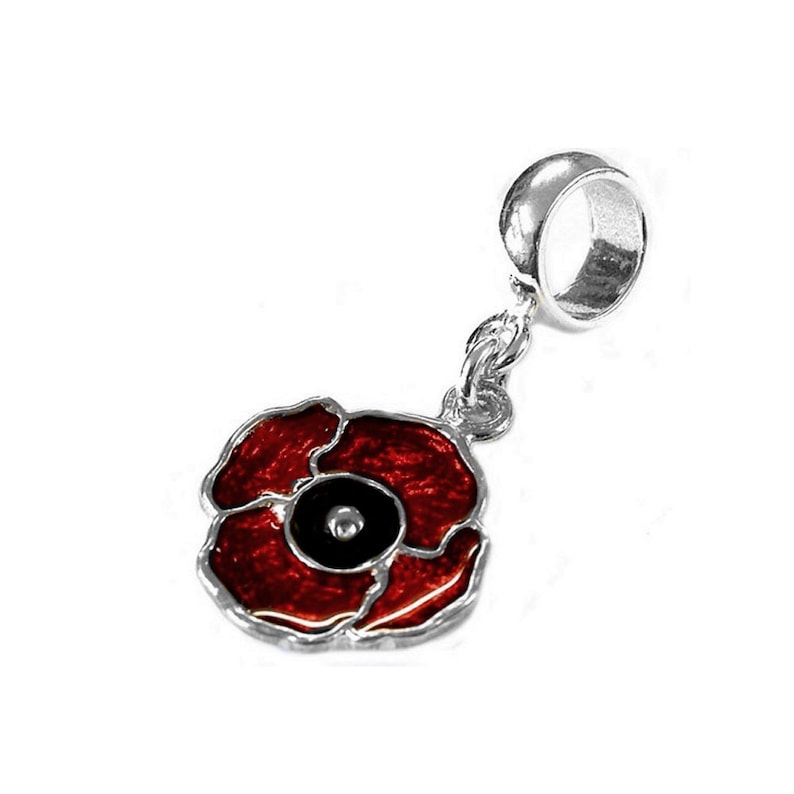 Pu&ograve; includere: Un charm argentato a forma di fiore di papavero rosso con centro nero. Il papavero ha una finitura smaltata dettagliata ed &egrave; collegato a un anello d'argento per il fissaggio a un braccialetto o una collana. Sfondo bianco.