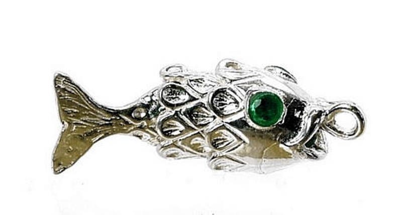 Sterling Silver Moving Fish With Faceted Crystal Emerald Eyes Charm For Bracelets, Charm For Necklace, Fish Pendant, Swarovski Crystal image 3