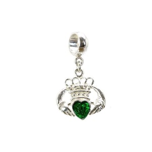 Sterling Silver Green Enamel Irish Claddagh Dangle Bead Charm for