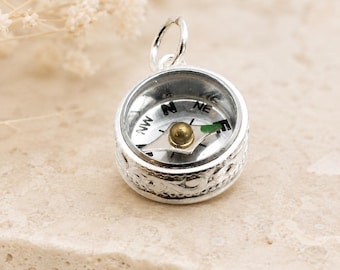 Sterling Silver Working Compass Charm, Scroll Design, Watch Fob Style