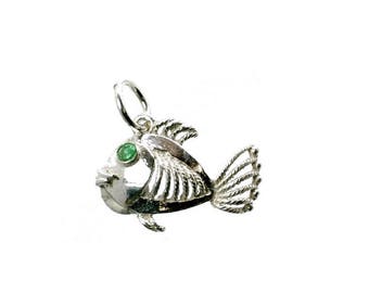 Sterling Silver Emerald Set Filigree Fish Charm For Bracelets, Charm For Necklace, Fish Pendant, Crystal Charm, Vintaged Charm