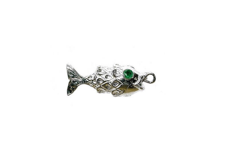 Sterling Silver Moving Fish With Faceted Crystal Emerald Eyes Charm For Bracelets, Charm For Necklace, Fish Pendant, Swarovski Crystal image 1