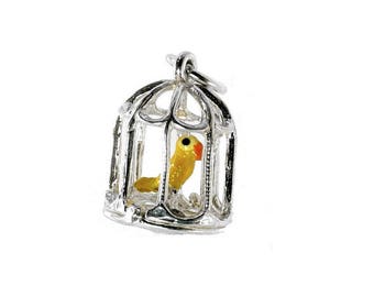 Sterling zilveren Tweety Pie in kooi charme voor armbanden, charme voor ketting, vogel zilveren charme, vintaged charme, geëmailleerde charme, vogel in kooi