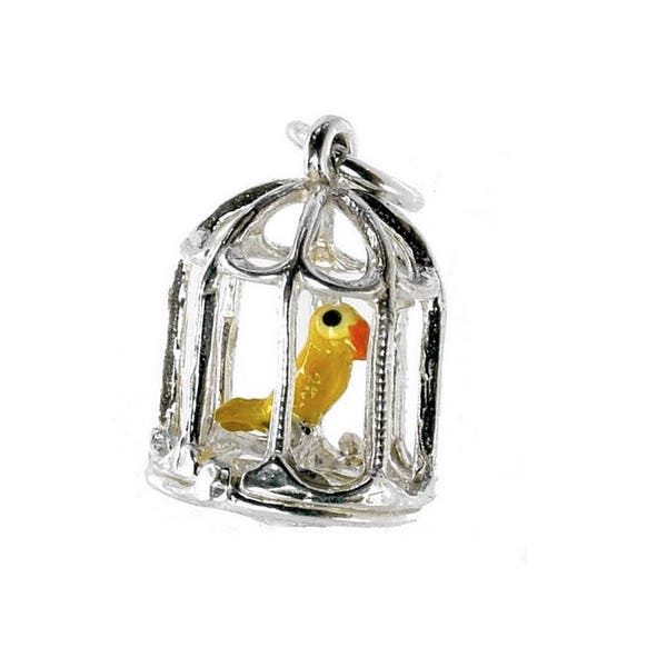 Sterling Silver Tweety Pie In Cage Charm For Bracelets, Charm For Necklace, Bird Silver Charm, Vintaged Charm, Enamelled Charm, Bird In Cage