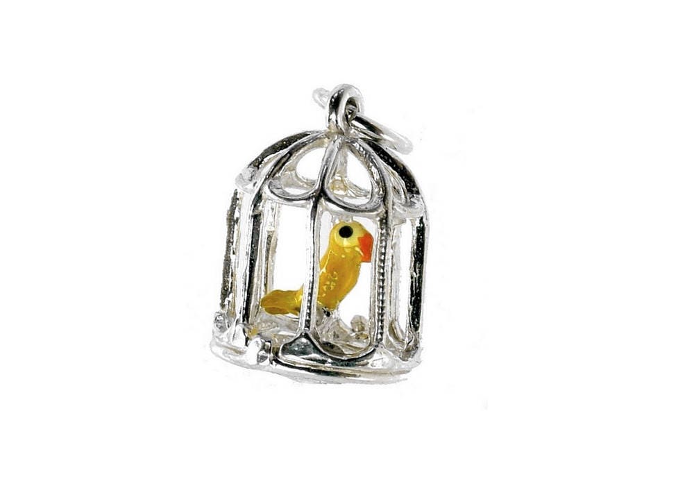Sterling Silver CHARM BRACELET Double Link Varied CHARMS Enamel Bird Cage 
