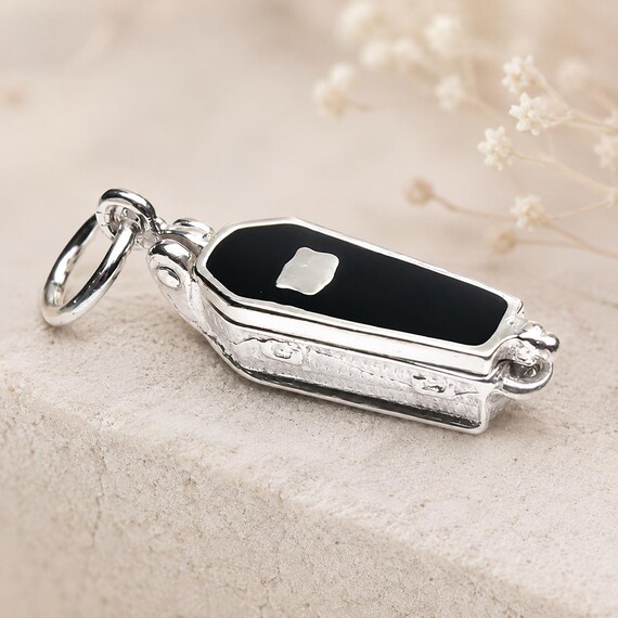 Sterling Silver Opening Coffin Charm, Enamelled Lid Reveals Skeleton, Halloween Gift