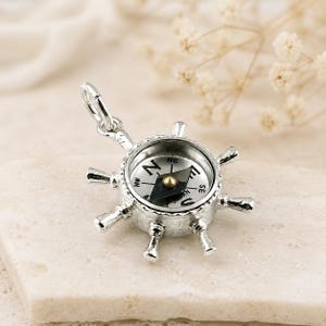 Sterling Silver Ship's Wheel Compass Charm, Watch Chain Compass Fob