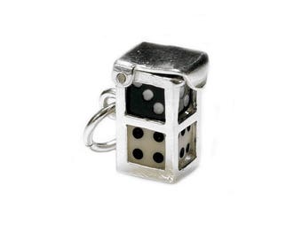 Sterling Silver Opening Black & White Dice In Case Charm For Bracelets, Charm For Necklace, Gambling Charm, Las Vegas Charm, Vintaged Charm