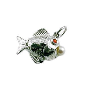 Sterling Silver Ruby Eyes Moving Fish Charm For Bracelets, Charm For Necklace, Fish Pendant, Genuine Cultured Pearl, Fish Pendant