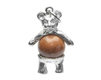 Sterling Silver Lucky Touch Wud Wood Teddy Bear Charm For Bracelets, Charms For Necklace, Lucky Charm, Teddy Bear Pendant, Vintaged Charm