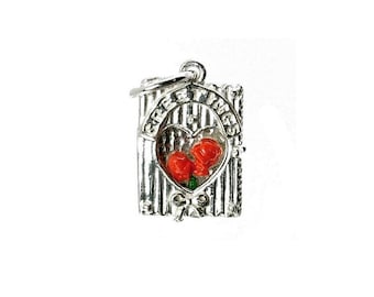 Sterling Silver Opening Greetings Card Charm With Enamel Highlighted Roses