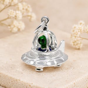 Sterling Silver Enamel Highlighted Alien in Flying Saucer Charm