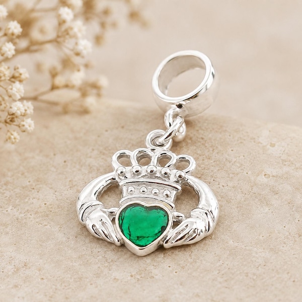 Sterling Silver Green Enamel Claddagh Charm, Irish Bracelet  Fitted With Dangle For European Bracelets