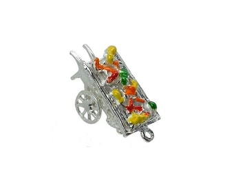 Sterling Silver Movable Vegetable Barrow Charm For Bracelets, Charm For Necklace, Enamelled Charm, Market Cart Charm, Barrow Cart Charm