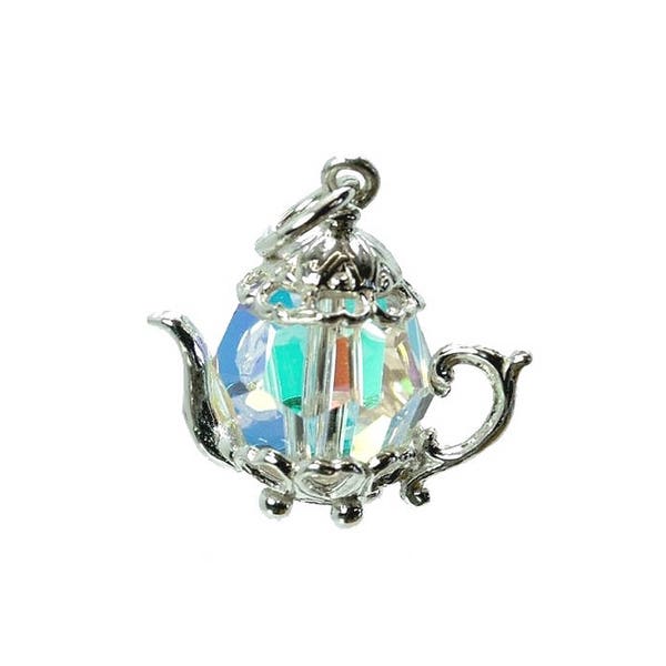 Sterling Silver & Swarovski Crystal Teapot Charm For Bracelets, Swarovski Elements, Charm For Necklace, Gift Crystal Charm, Vintaged Charm