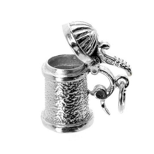 Sterling Silver Opening Beer Stein Charm For Bracelets, Charm For Necklace, Tankard Charm, German Charm, Vintaged Charm