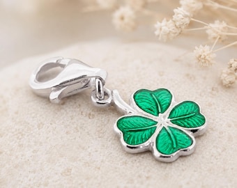 Sterling Silver Enamel Four Leaf Clover Charm, Fitted With Trigger Clasp