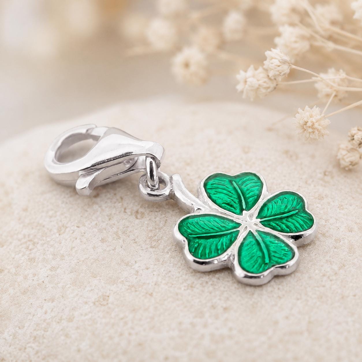 Sterling Silver Enamel Four Leaf Clover Charm, Fitted With Trigger