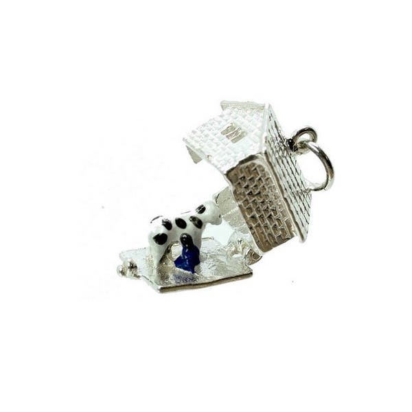 Sterling Silver Opening Cow Shed Charm For Bracelets, Charm For Necklace, Quirky Charm, Enamelled Charm, Rare Charm, Vintaged Charm