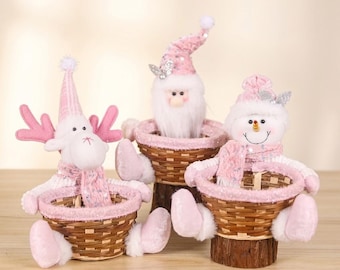 Rosa Weihnachtssüßigkeitenkorb, Schneemann-Weihnachtsmann-Rentier-Leckerlihalter, glitzernder Weihnachtsgeschenkkorb, festliche Tischdekoration für Kinder