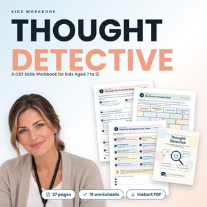 Può includere: Un quaderno di esercizi digitale per bambini intitolato Thought Detective, un manuale di competenze TCC per bambini dai 7 ai 12 anni. Il set include 27 pagine, 19 schede di lavoro e un PDF istantaneo. La copertina e le pagine mostrano testo e grafici.