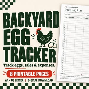 May include: A printable Backyard Egg Tracker document featuring a Daily Egg Log table with columns for date, collected, set aside, usable, and notes. The design includes a black chicken illustration, red text accents, and a green checkered border.
