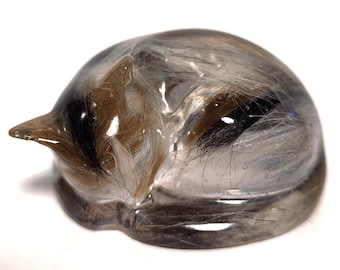 Può includere: Una statuetta in resina trasparente a forma di gatto raggomitolato che dorme. Il materiale traslucido contiene ciocche di capelli marroni, neri e bianchi incastonate, creando un aspetto strutturato e multicolore all'interno della forma.