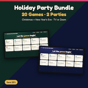 Peut inclure: Un ensemble de jeux de fête numérique comprenant 20 jeux pour Noël et le Nouvel An. Deux écrans affichent des menus de jeux avec le texte Let the games begin, incluant des titres comme Holiday Trivia Showdown et New Year Trivia Countdown.