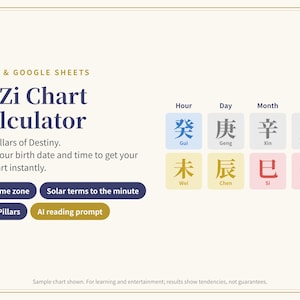 Puede incluir: Una calculadora digital de gráficos BaZi para Excel y Google Sheets con los Cuatro Pilares del Destino. La interfaz muestra instrucciones de texto, botones de funciones y una cuadrícula de ocho cuadrados de colores con caracteres chinos.