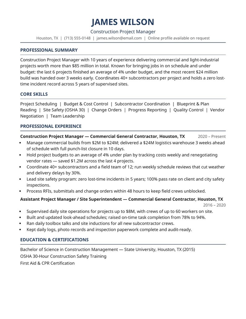 Construction Resume Template ATS Friendly | Editable Construction CV ...