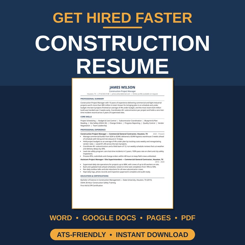 Construction Resume Template ATS Friendly | Editable Construction CV ...