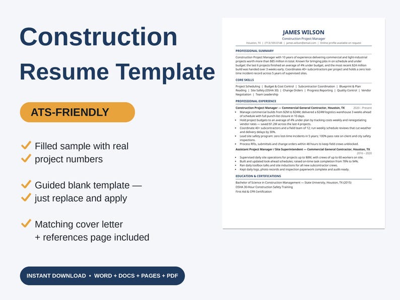 Construction Resume Template ATS Friendly | Editable Construction CV ...