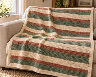 Striped Crochet Blanket Pattern PDF, Meadow Drift, 3 Sizes, Sage Green Textured Throw