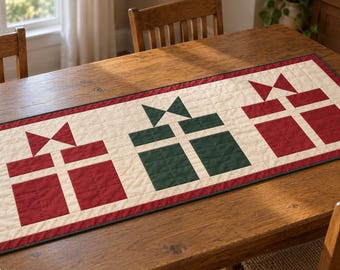 Christmas Gift Table Runner Quilt Pattern PDF, Wrapped in Joy, Illustrated Patchwork Guide