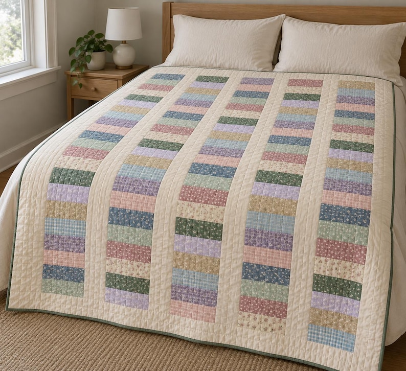 May include: A quilt featuring vertical columns of rectangular fabric patches in various floral and gingham patterns. The colors include soft pink, sage green, light blue, and lavender, separated by solid cream-colored fabric strips.