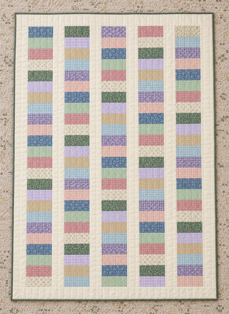 May include: A rectangular quilt featuring five vertical columns of alternating fabric rectangles in various pastel and muted colors, including blue, green, pink, purple, and tan, with floral and plaid patterns, all bordered by a solid cream fabric.