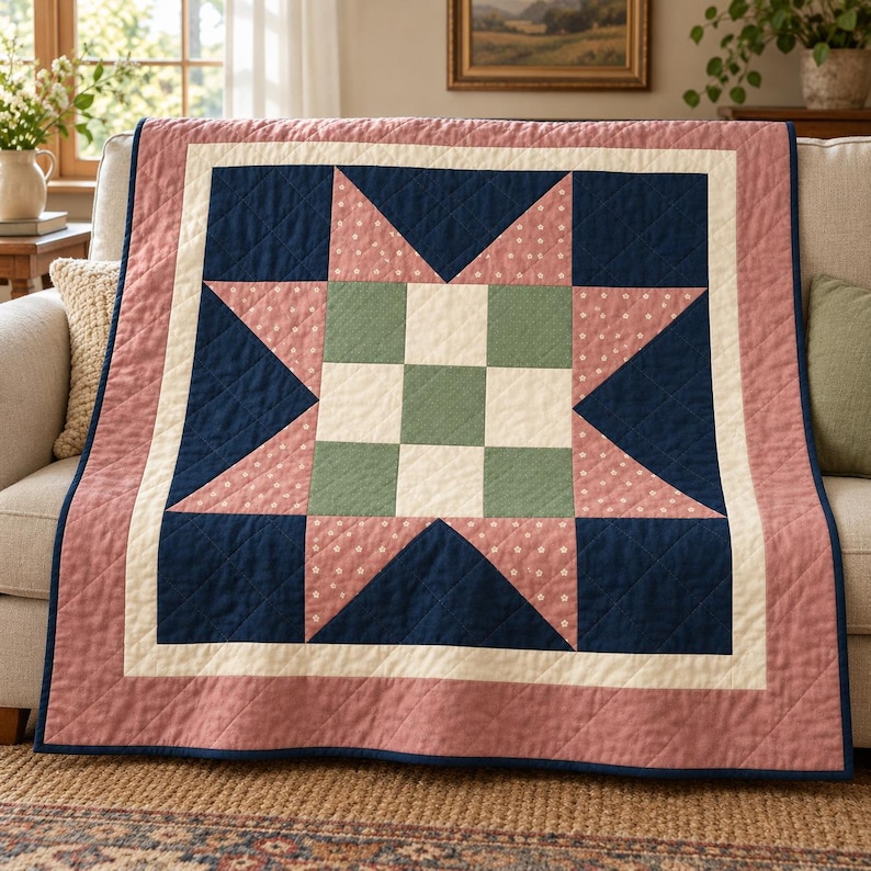 Barn Star Quiltpatroon PDF, Rosewood Meadow Star, Blush Floral en Navy Lap Quilt, 48 x 48 inch, geïllustreerd prototype afbeelding 5