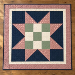 Barn Star Quiltpatroon PDF, Rosewood Meadow Star, Blush Floral en Navy Lap Quilt, 48 x 48 inch, geïllustreerd prototype afbeelding 2